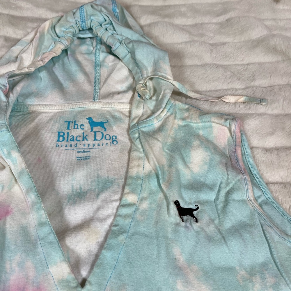 The Black Dog M Blue White Hooded Bleach Dye Beach Shirt Dress Travel Summer